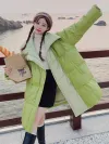Avocado green white duck down PU leather down jacket for mid-length women, a niche design sense, a popular no-wash coat on the Internet details Picture